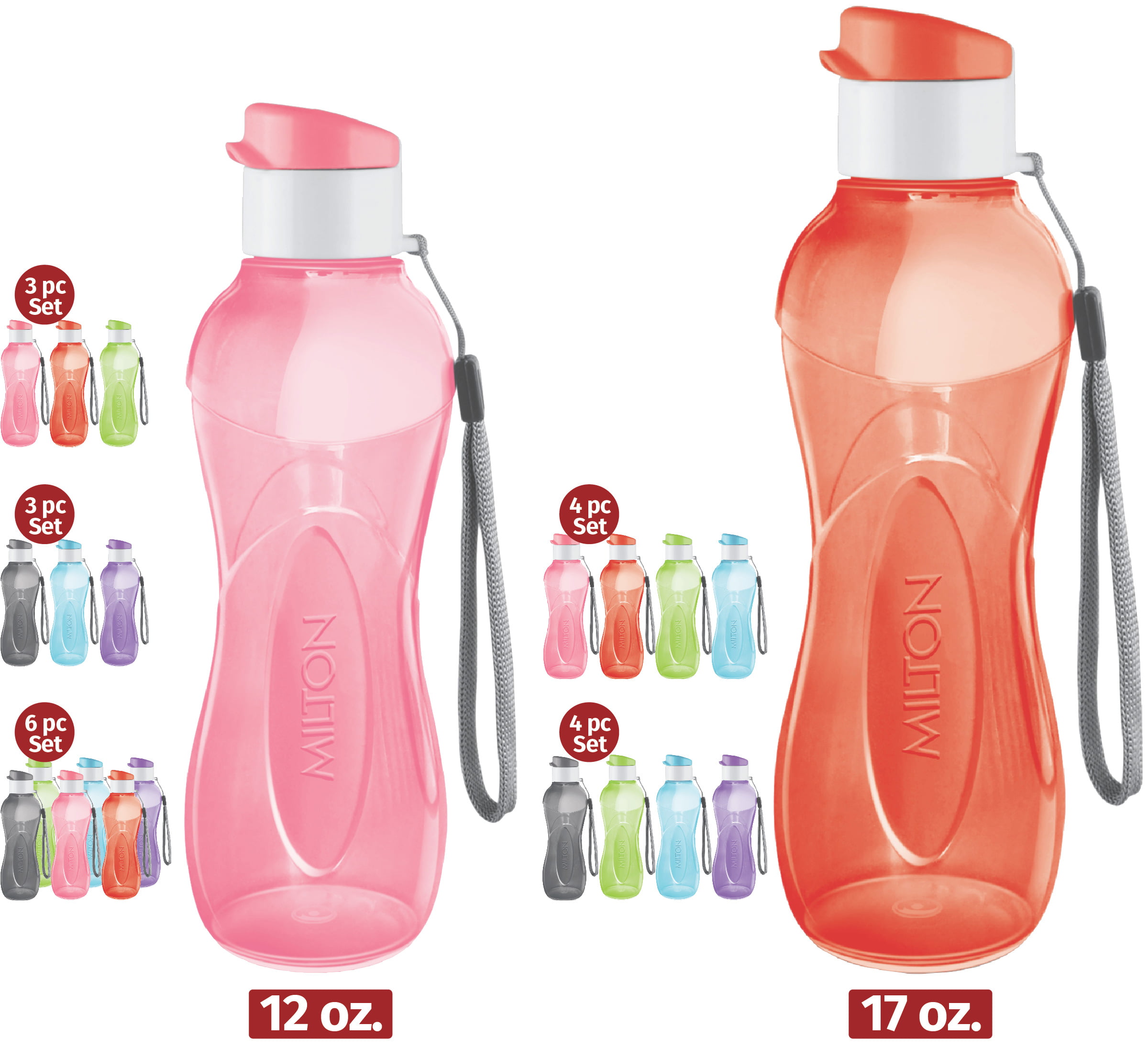 MILTON Water Bottle Kids Reusable Leakproof 12 Oz Plastic Wide Mouth Large  Big Drink Bottle BPA & Leak Free with Handle Strap Carrier for Cycling  Camping Hiking Gym Yoga - Bright Colors 3 pack 