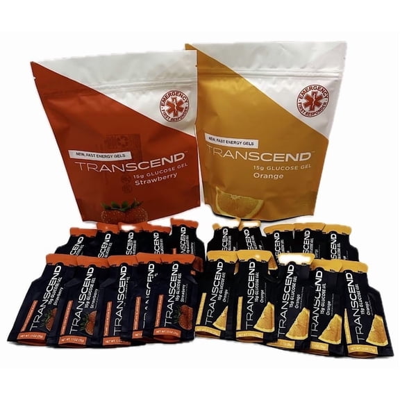 Transcend Glucose Gel Orange and Strawberry Raises Blood Sugar Fast Gluten-Free 20 Count 15g