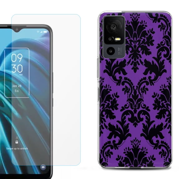 OneToughShield ® for TCL 40 XE 5G Shockproof Fashion Phone Case, with Tempered Glass Screen Protector - Victorian Purple/Black