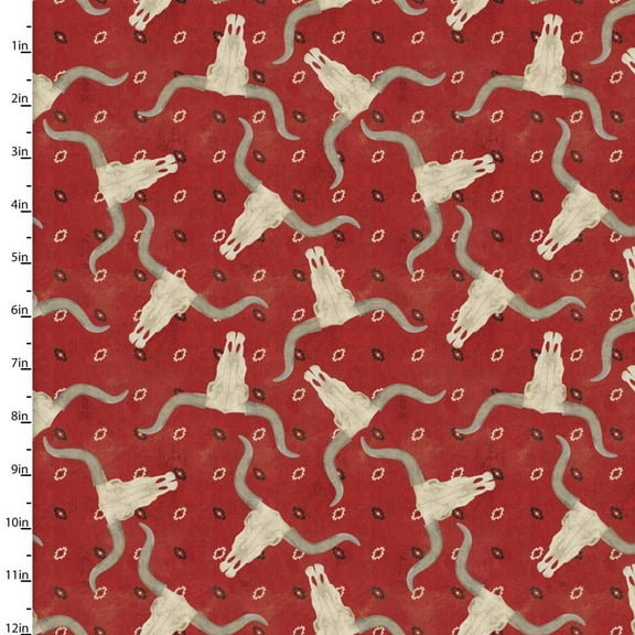 Hold Your Horses Longhorn Bandana Red Cotton Fabric