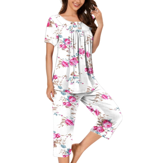 Pisexur Pyjamas pour Femmes Ensemble, Pyjamas pour Femmes, Blouse Décontractée à Boutons Col Rond Manches Courtes Mode Poches Pantalon Pyjama Ensemble Blanc,P
