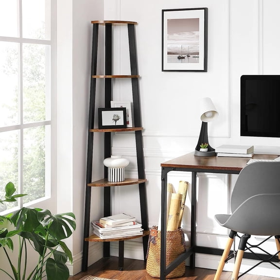 VASAGLE Ladder Shelf 5-Tier Corner Shelf Stand Bookshelf Plant Stand Display Shelf for Living Room Office Rustic Brown and Black
