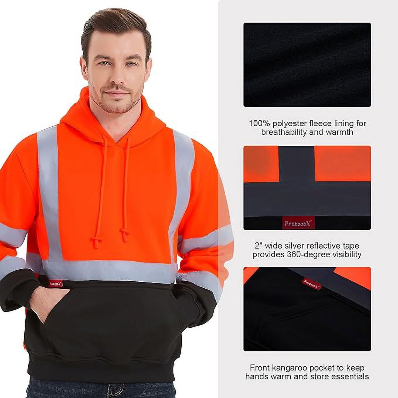ProtectX Hi Vis Safety Hoodie for Men Women, Class 3 Reflective High Visibility Sweatshirt with Large Pocket, Long Sleeve Hooded Drawstring Pullover for Work & Construction, Orange, Medium