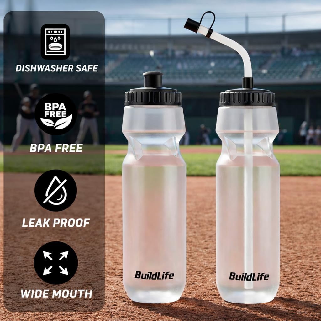 Hockey Water Bottle with Long Straw -32 OZ Squeeze Sports Water Bottles 2 Pack with 2 Lids Each(Straw and Squeeze),Lacrosse Water Bottle for HelmetHockey,Football,Boxing,BPA Free,Dishwash Safe(Clear)