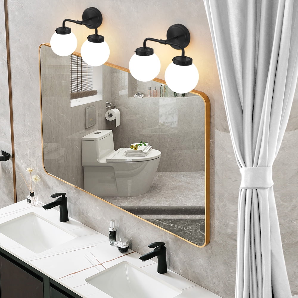 Deyidn 2-Light Modern Vanity Light, Black Bathroom Light Fixture with Milk White Glass Globes, 45 Inch Bathroom Wall Sconce for Mirror