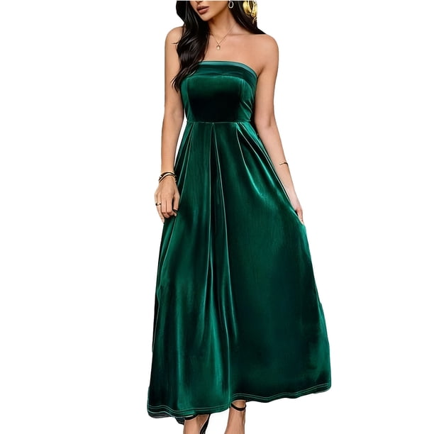 Oksale Womens Elegant Tube Velvet Dress Strapless Sleeveless Wedding Dresses Soft Cozy Flowy A Line Maxi Dresses for Holiday Party Green M
