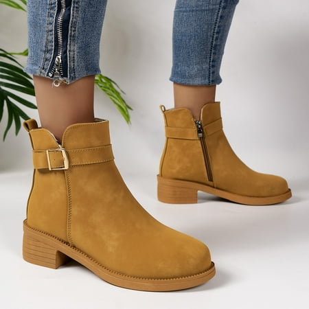 

YOUSNH Ladies Casual Heel Solid Colour Belt Buckle Short Large Size Ankle Boots Womens Boots Brown 8