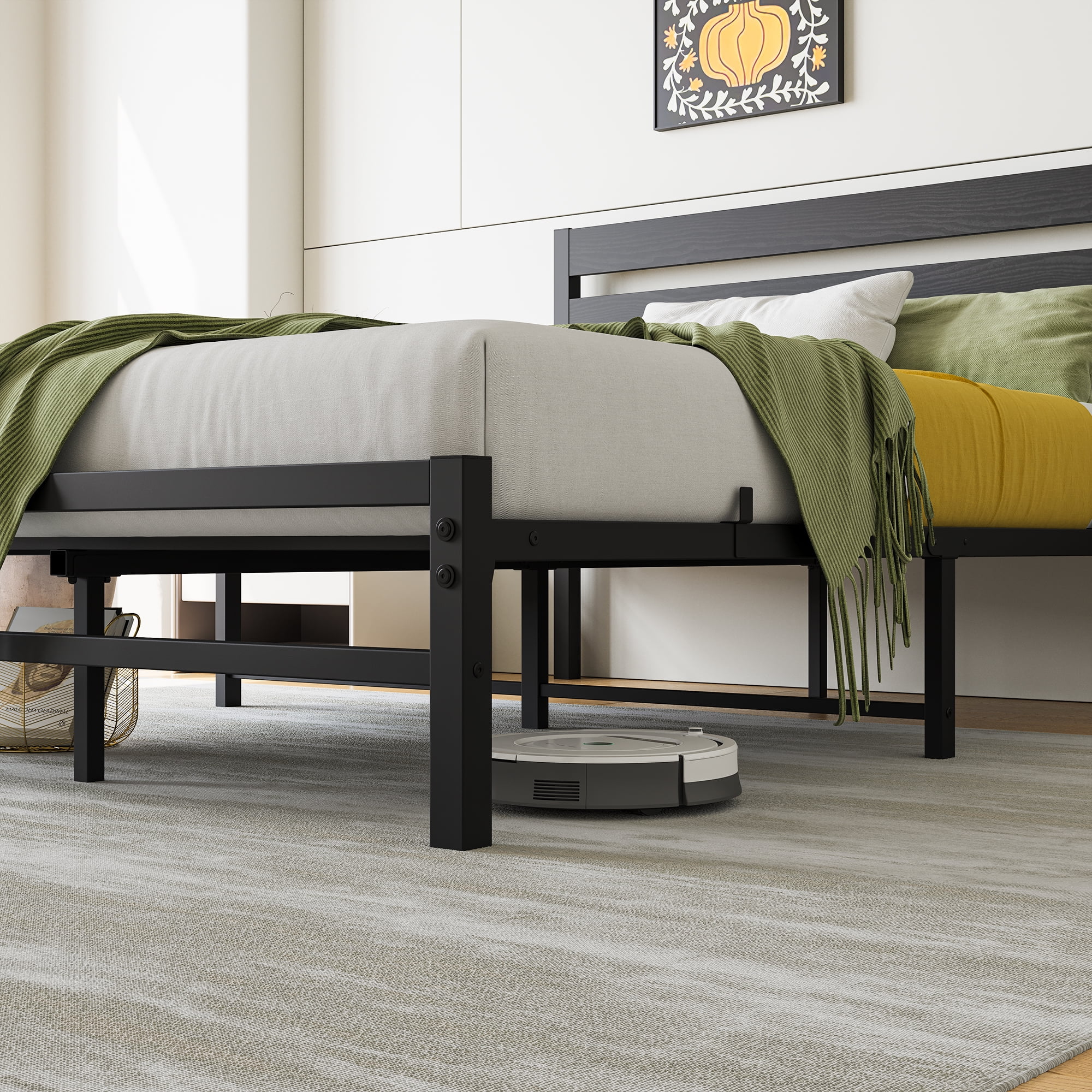 MAYEERTY Full Size Platform Bed Frame with Rustic Vintage Wood Headboard, Strong Metal Slats Support Mattress Foundation, Black