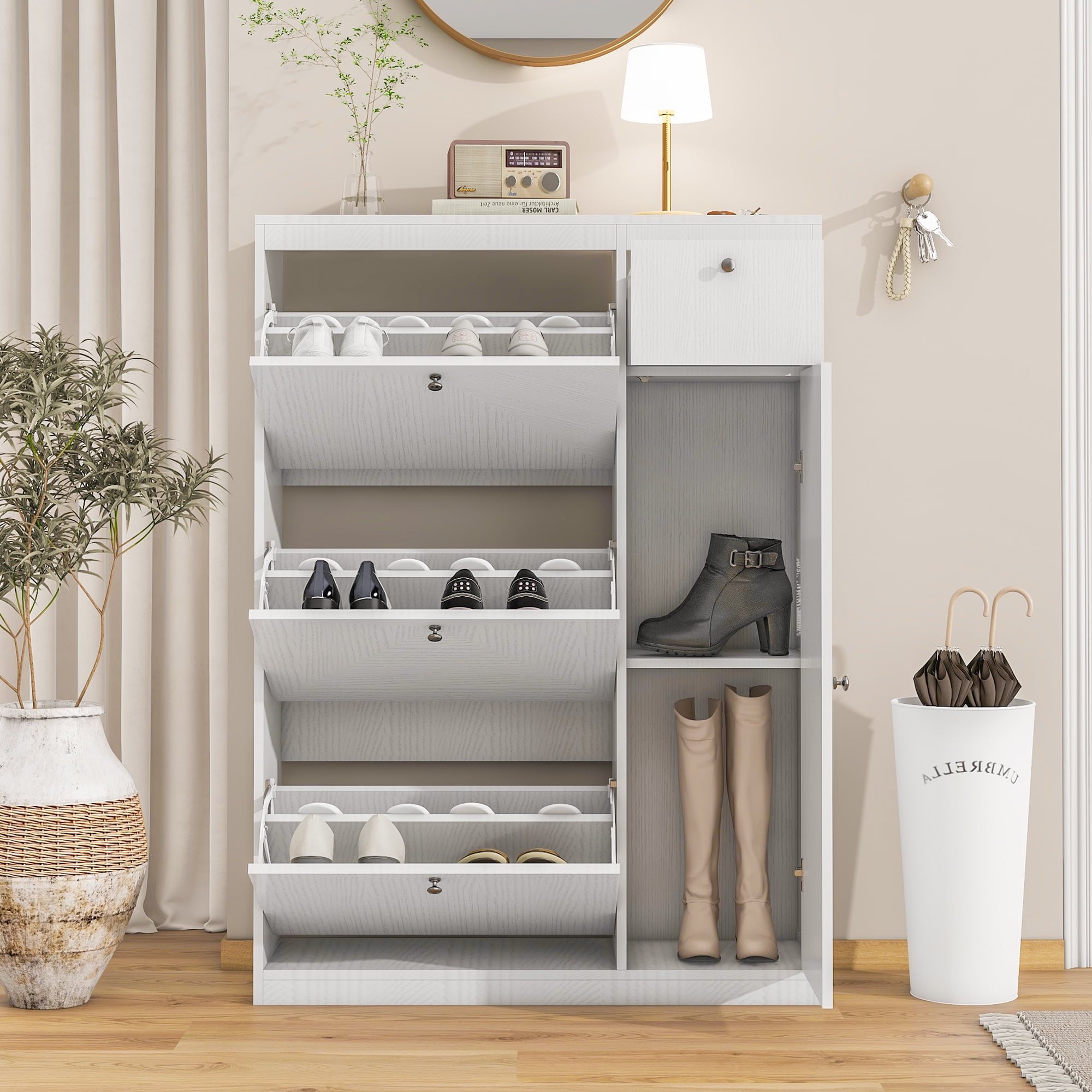MAYEERTY Slim Shoe Cabinet, 3 Flip Drawers, Adjustable Storage, Narrow Entryway Shoe Rack, White