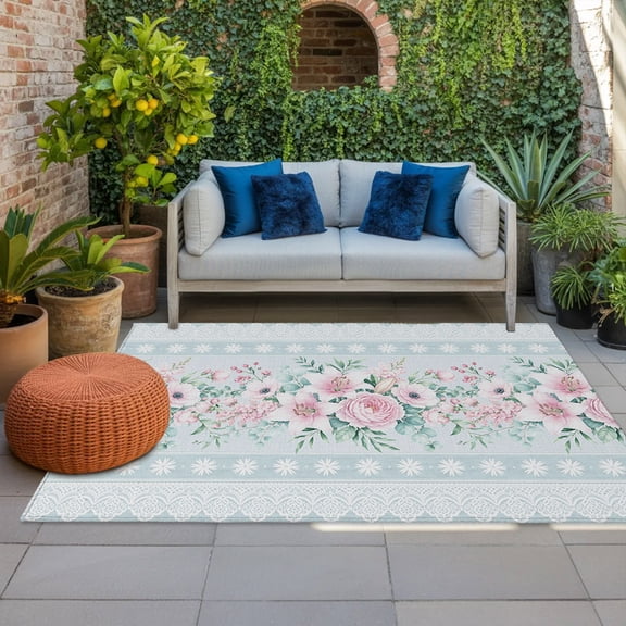 Outdoor Rug, Country Pink Flowers Eucalyptus Leaves Indoor Area Rug Outdoor Carpet RV Camping Rugs 4x6ft Blue Stripe Outside Mat for Patio Picnic Porch Deck Balcony Backyard