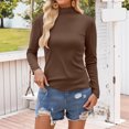 thumbnail image 7 of Women Spring Tops Lightweight Ruffle Mock Neck Solid Color Long Sleeve Undershirt - Half High Neck Ribbed Tops Ribbed Lettuce Trim Soft Base Layer - Fitted Casual Homewear for Women Coffee XL, 7 of 7