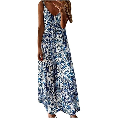 

QIPOPIQ Dresses for Women Deals Fashion Women Summer V-Neck Casual Printing Loose Sleeveless Loose Long Dress