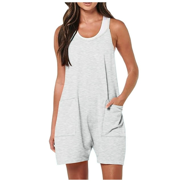 YFELWZ Womens Plus Size Summer Casual Short Jumpsuits Overalls Clothes Outfits Loose Fit Light Gray XL