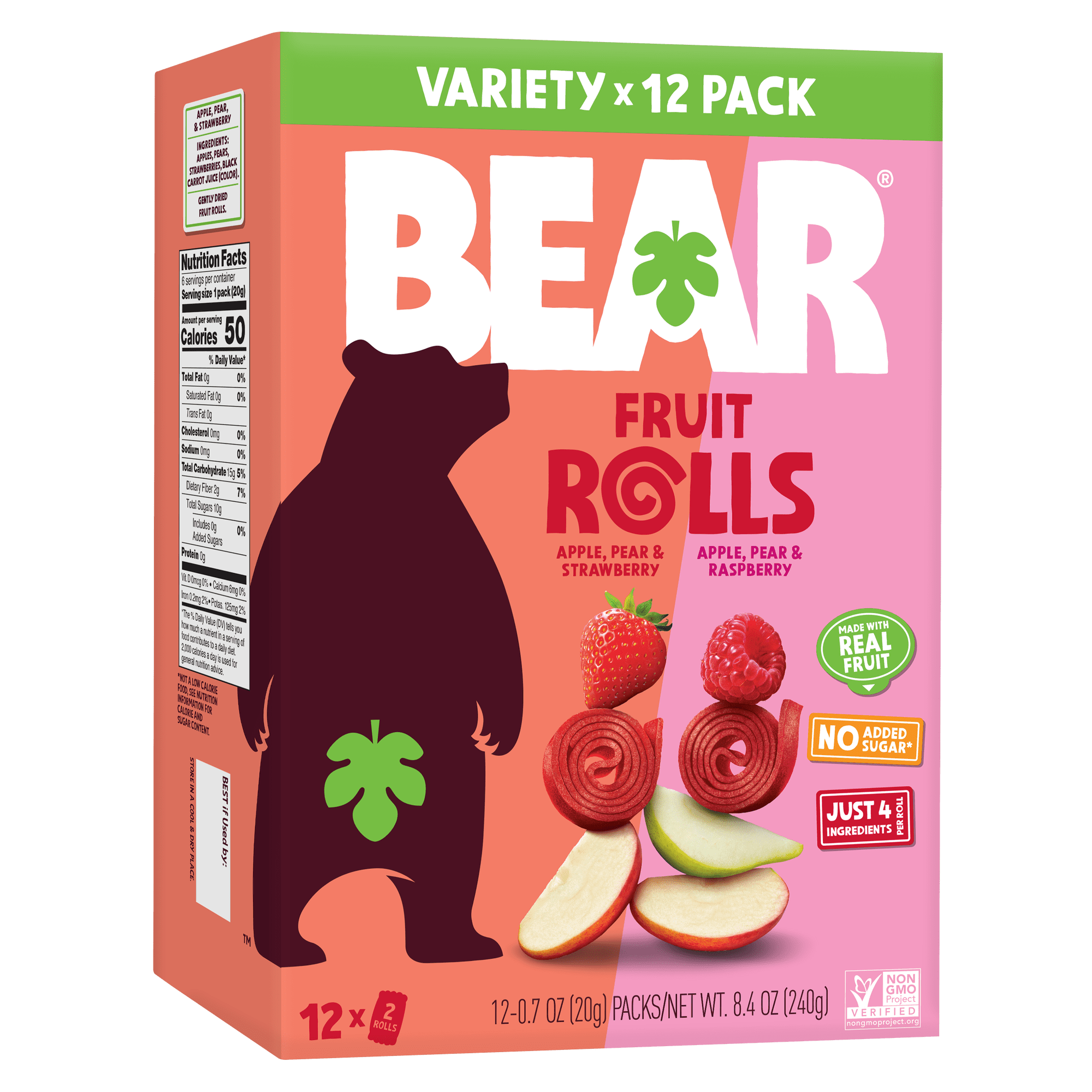 BEAR Fruit Rolls Variety Pack Strawberry Raspberry 8.4oz, 12 Count, No Added Sugar, Non-GMO, Made with Real Fruit