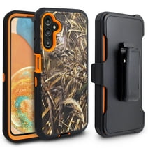 For Samsung Galaxy A14 5G Heavy Duty Rugged Dropproof Full Body Protection Phone Case with Belt Clip Holster & Built in Screen Protector - Camo Orange