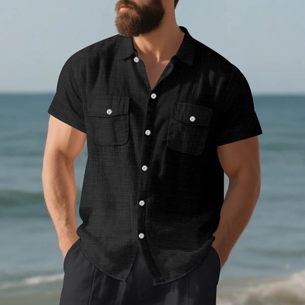 Ceisia Men's Relaxed Fit Short Sleeve Turndown Collar Slub Linen Shirt with Dual Chest Pockets Black L Gifts