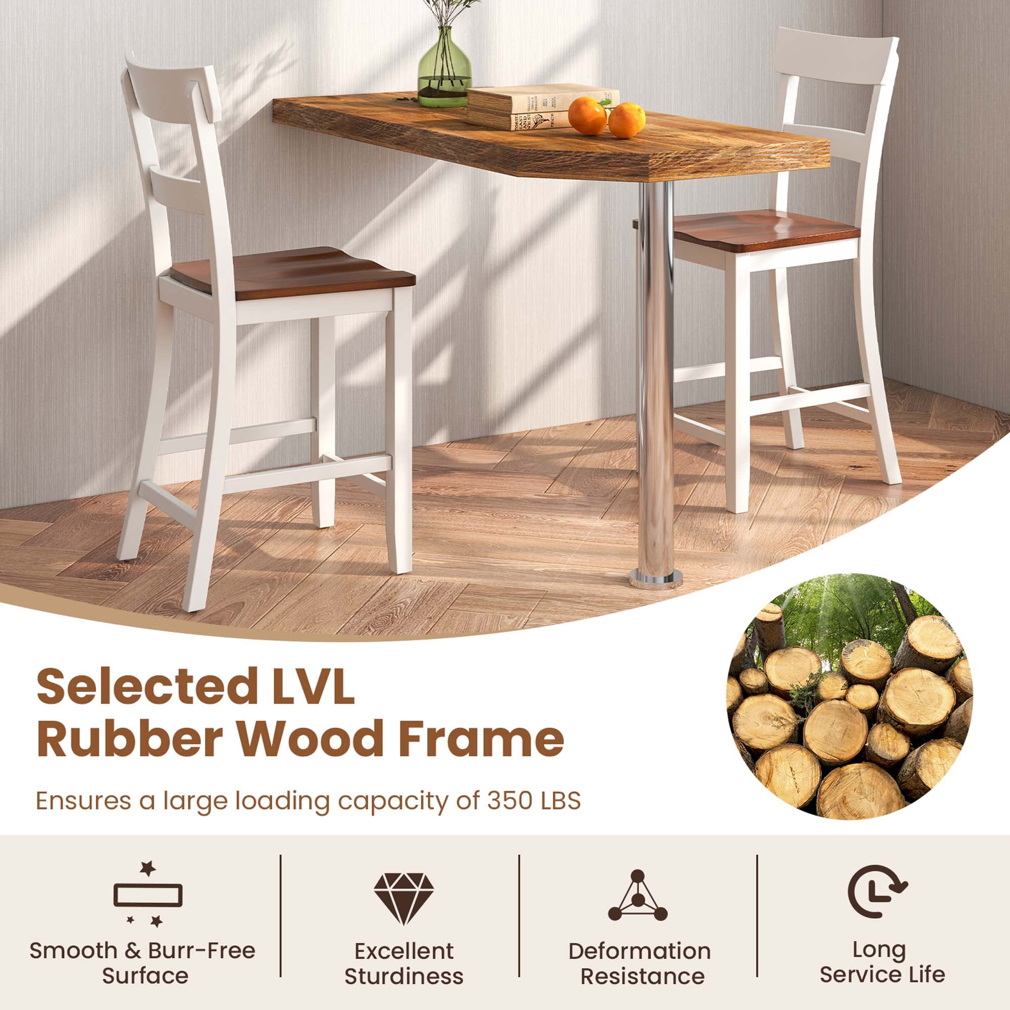 Costway Wooden Bar Stool Set of 4 Bar Chairs with LVL Rubber Wood Frame, Backrest, Footrest White