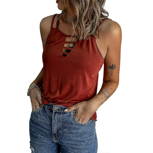 Women Hollow V Neck Double Shoulder Sling Vest Tank Top Summer Casual Cami