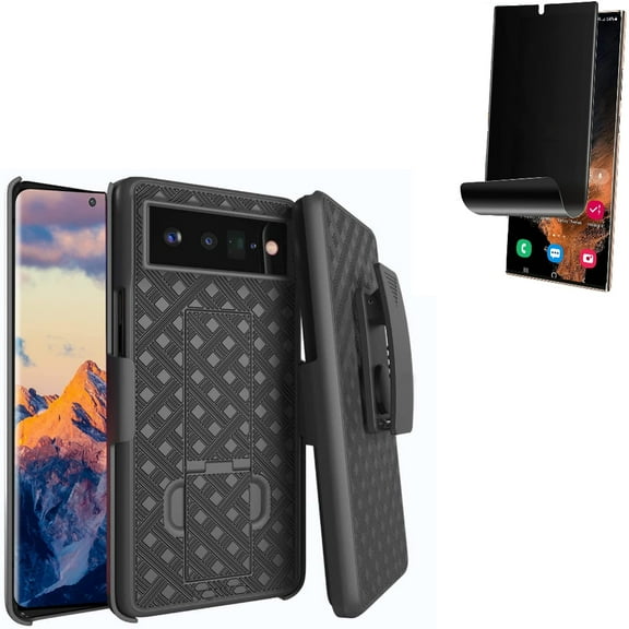 Case Belt Clip & Privacy Screen Protector for Google Pixel 6 Pro (6.7") - Combo with Holster Swivel Cover Kickstand & TPU Film (Fingerprint Works) Anti-Peep Anti-Spy