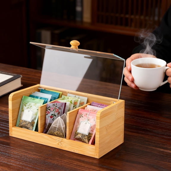 NUAHRHY Bamboo Tea Box, 3 Compartment Tea Bag Organizer Storage for Beverage Supplies, Sugar Tea Bag Holder, Tea Chest Box with Transparent Lid for Home Office Pantry Countertop