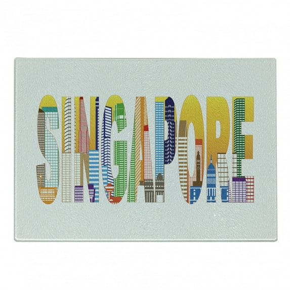 Singapore Cutting Board, Vibrant Big Letters Designed with City Construction Creative Digital Artwork, Decorative Tempered Glass Cutting and Serving Board, in 3 Sizes, by Ambesonne