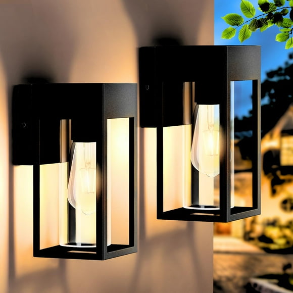 2-Pack Outdoor Wall Light Fixtures, Exterior Waterproof Lanterns, Porch Sconces Wall Mounted Lighting with E26 Sockets & Glass Shades, Modern Matte Black Wall Lamps for P