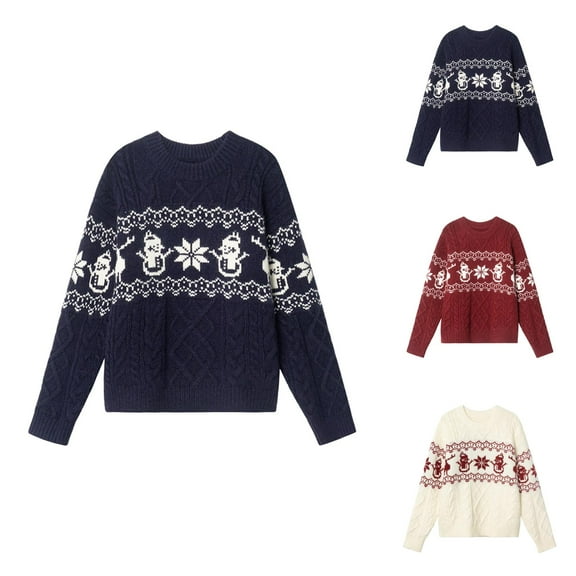 Vintage Christmas Sweaters for Women 2025 Long Sleeve Crewneck Loose Jacquard Cable Knit Pullover Sweater Jumper Tops