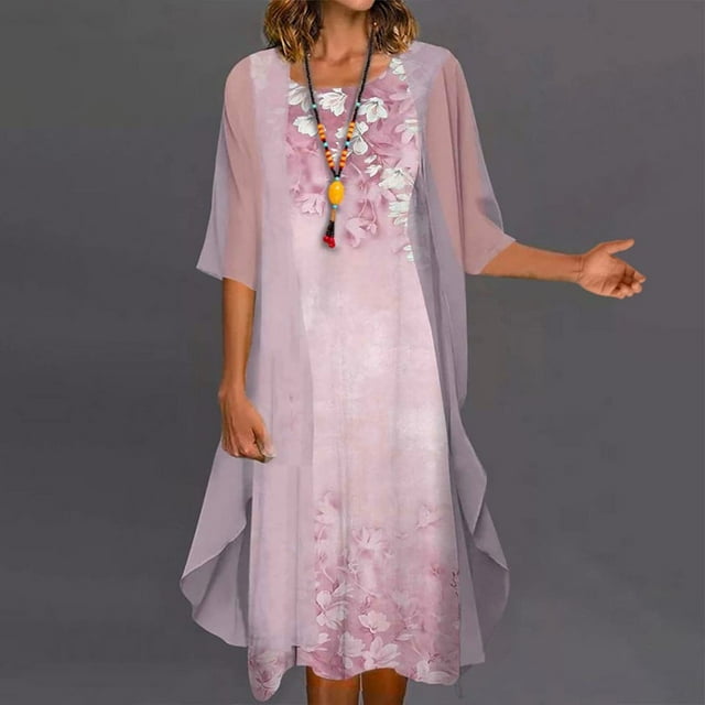 CHOK Ensemble Deux Pièces pour Femmes Robe Midi à Imprimé Floral avec Cardigan en Mousseline Sans Manches Grande Taille Robes d'Invitée de Mariage Robes de la Mère de la Mariée 2022