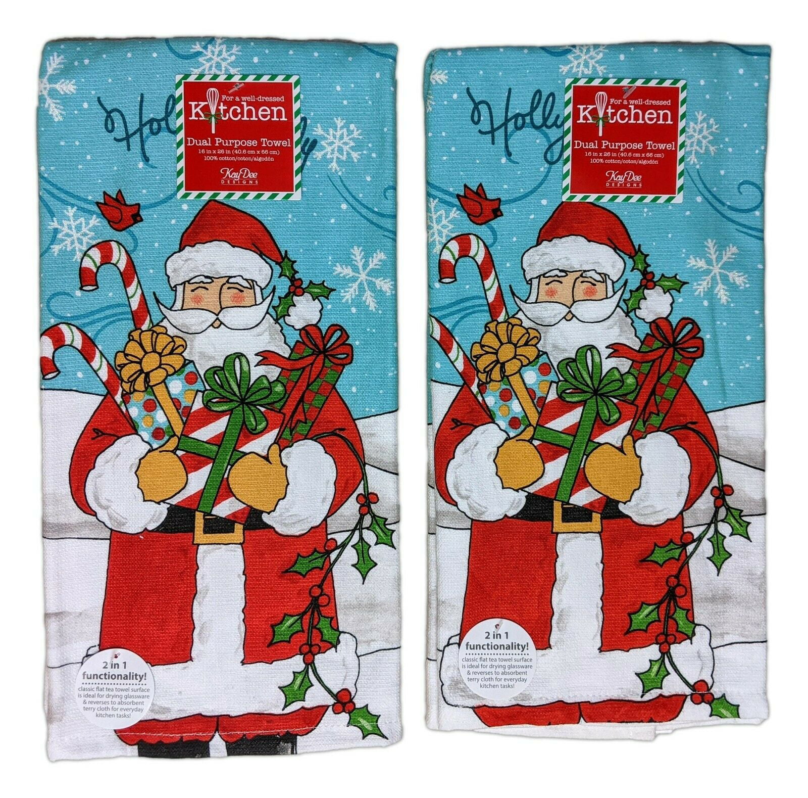 Set of 2 Santa HOLLY JOLLY Christmas Terry Kitchen Towels by Kay Dee Designs