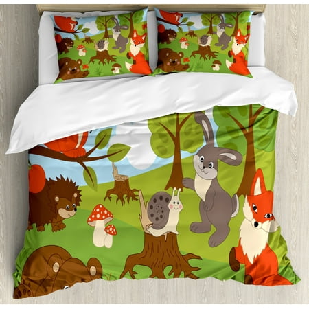

Forest Friends Duvet Cover Set King Size Woodland Animals Cartoon with Fox Rabbit Bear Hedgehog Snail and Squirrel Decorative 3 Piece Bedding Set with 2 Pillow Shams Multicolor by Ambesonne