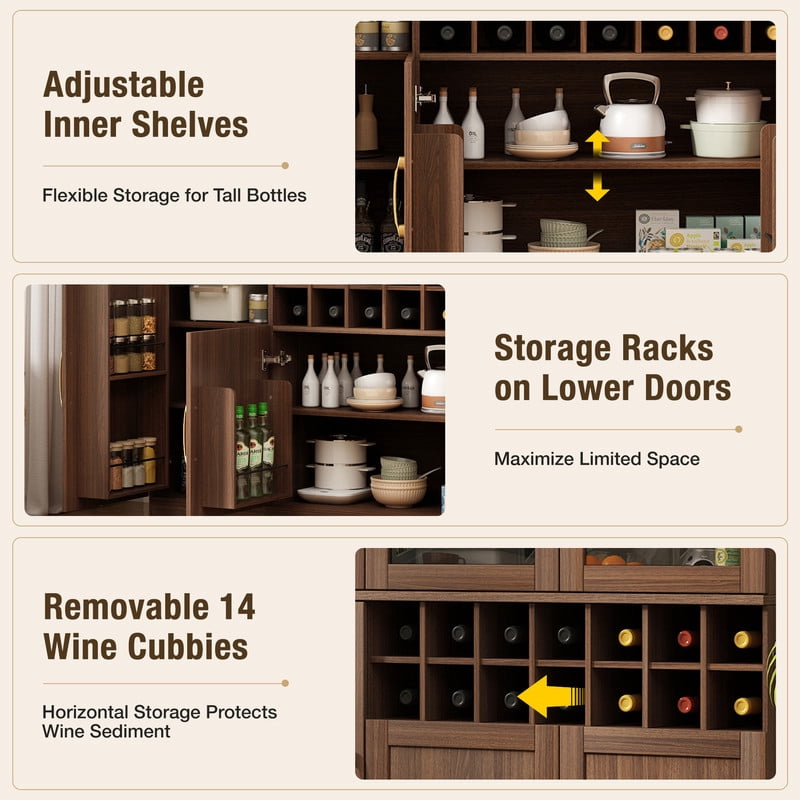 70.87" Tall Home Bar Cabinet with Glass Doors, Storage Cabinet with Removable Wine Cubbies, Kitchen Pantry with Adjustable Shelves