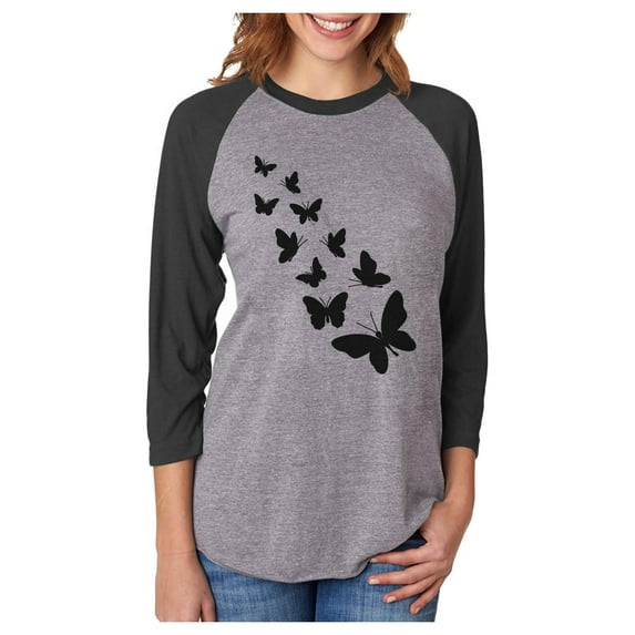 Butterfly Shirt Womens & Girls Summer 3/4 Women Sleeve Baseball Jersey - Summer's Perfect Casual & Chic Butterfly-Themed Jersey Shirt Medium black/gray