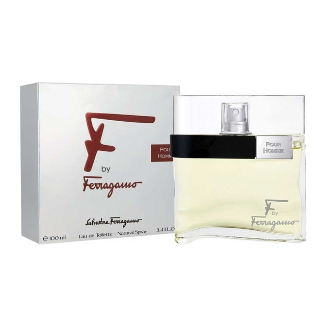 perfume f by ferragamo para hombre de salvatore ferragamo edt 100ml, frasco y caja frontales: frasco rectangular de cristal con líquido amarillo pálido, banda negra y placa metálica "Pour Homme", tapa transparente; caja blanca con logo rojo F by Ferragamo. Notas: lavanda, manzana, pimienta negra, ládano, cuero y ámbar.