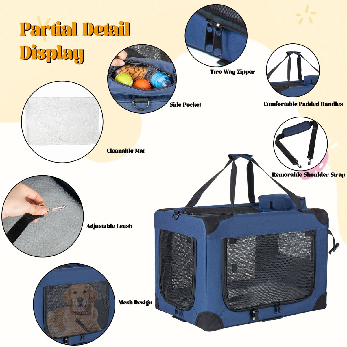 32 Inch Soft Dog Crate, 3-Door Portable Folding Pet Carrier with Mesh Windows, Carry Straps & Fleece Mat for Indoor Outdoor Travel, Dark Blue