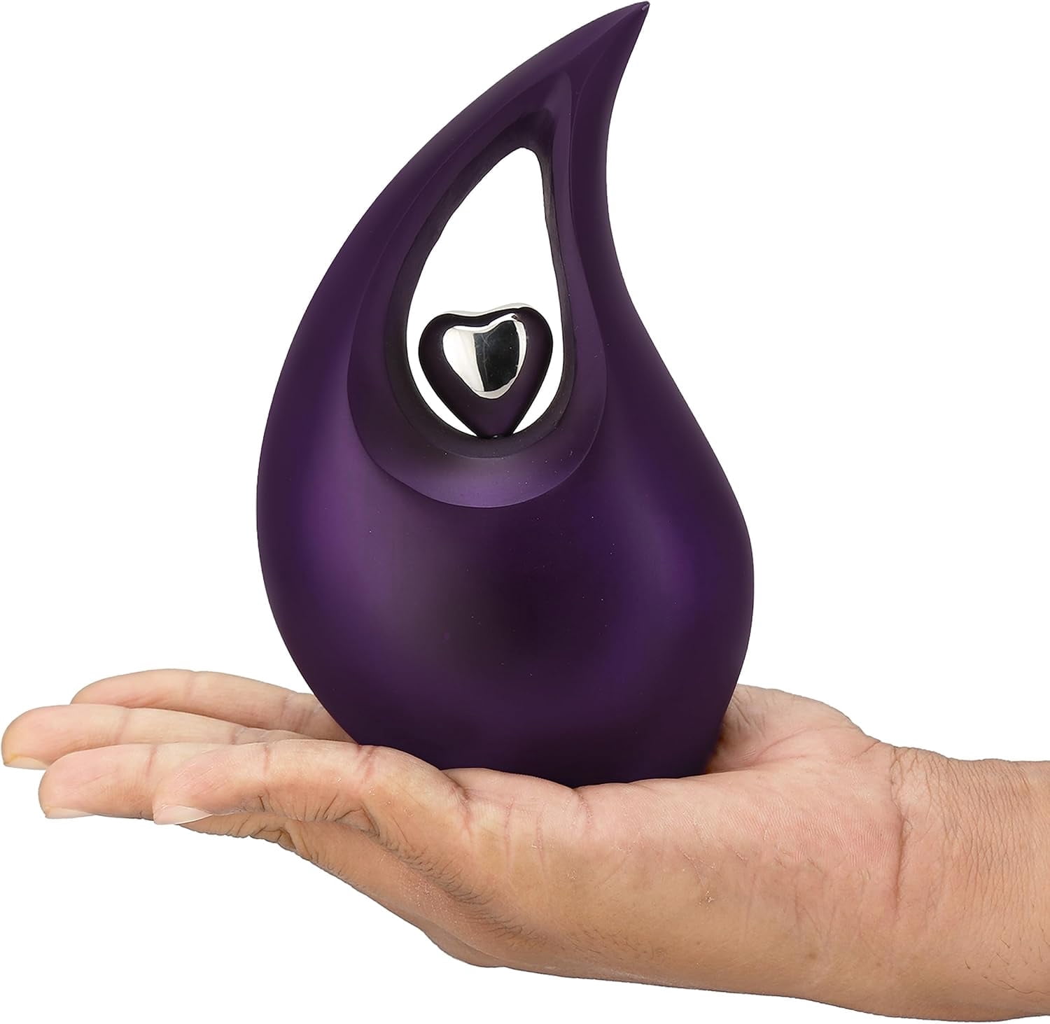 Purple Shimmer Tear Drop Small Urns for Human Ashes with Silver Heart (6 Inch Height) - Unique Medium Urn - Decorative Urns - Cremation Urn - Burial Urns - Keepsake Urn - Funeral Urn - Small Pet Urns