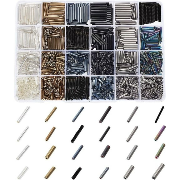 2165pcs 24 Styles Glass Bugle Beads Metallic Long Seed Beads 9/12/15/18/20x2.5mm Tube Beads Craft Beads Loose Spacer Bead for Earrings Bracelets Necklaces Waist Chain Jewelry Making DIY