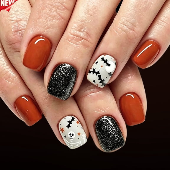 Short Square Halloween Acrylic Press On Nails Full Cover Fake False Stick On Nails,Reusable Artificial Nail Tips Glossy Orange Black Glitter Bat Fall Design for Halloween Party DIY Manicure 24 Pcs