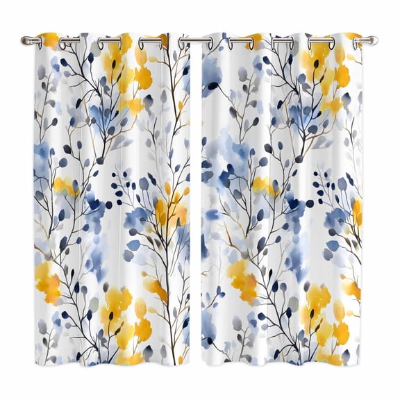 Blue Yellow Spring Floral Kitchen Curtains 84 Inch Length, Summer Botanical Abstract Grommet Top Bedroom Living Room Curtains, Light Filtering Cafe Curtain Drapes 2 Panels Set 104''x84''