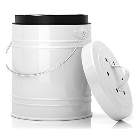 Compost Bin - Oversized 1.3 Gallon Kitchen Compost Bin with Charcoal Filters In Classic White/Black - Sturdy Construction & Odor-Free Seal To Prevent Bugs And Smell.Dishwasher Safe with Quick & Easy Assembly