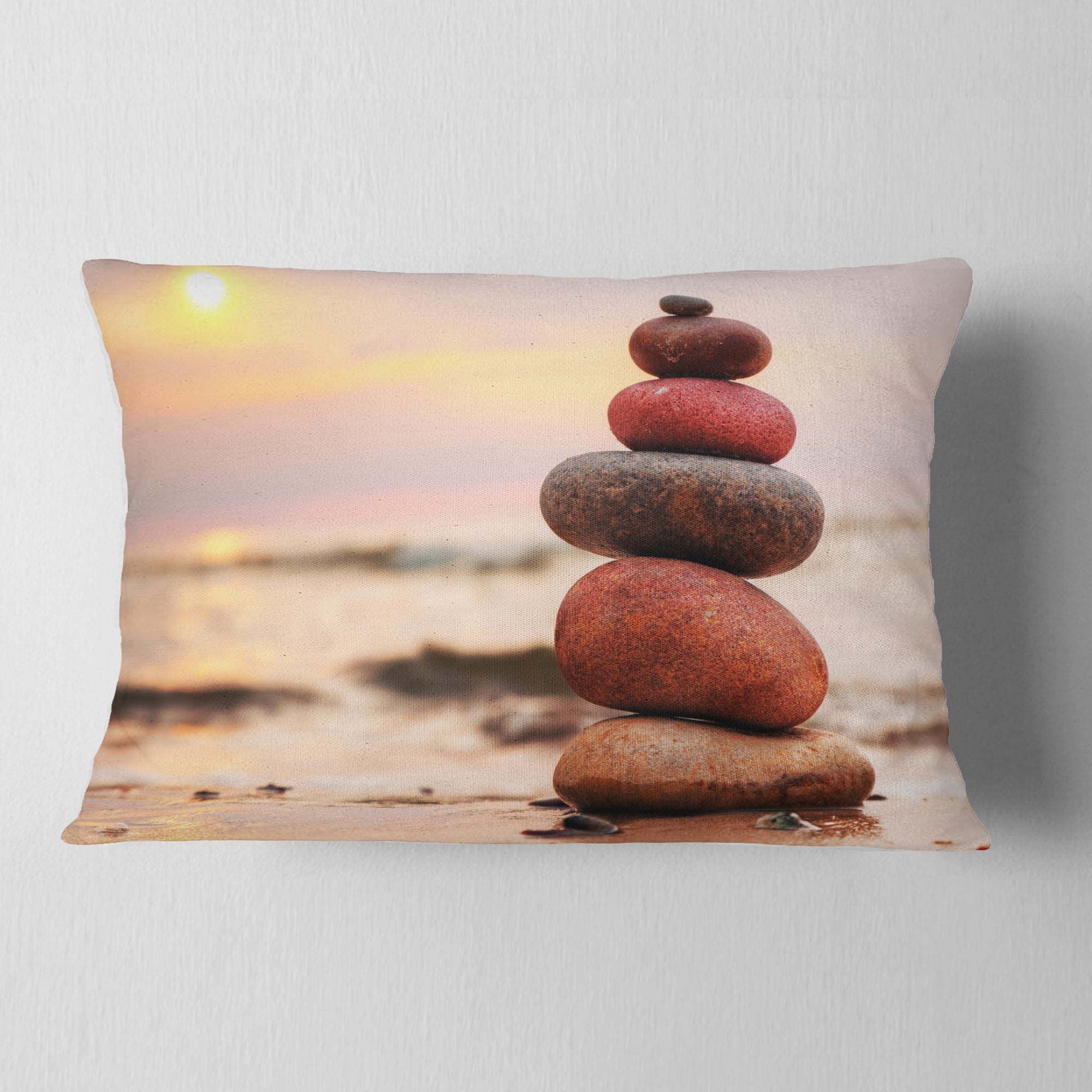 Designart Stones Pyramid on Sand Symbolizing Zen - Landscape Printed Throw Pillow - 12x20