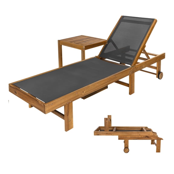 Trabuco Modern 2-Piece Acacia Wood Outdoor Chaise Lounge Chair & Side Table Set, Adjustable Sling Backrest with Wheels, Teak Brown/Dark Gray