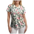 thumbnail image 4 of felwors Print Scrub Tops Women Floral Scrubs V Neck Short Sleeve Stretch Nurse Uniform with Pockets Functional Workwear (Pink, M), 4 of 5