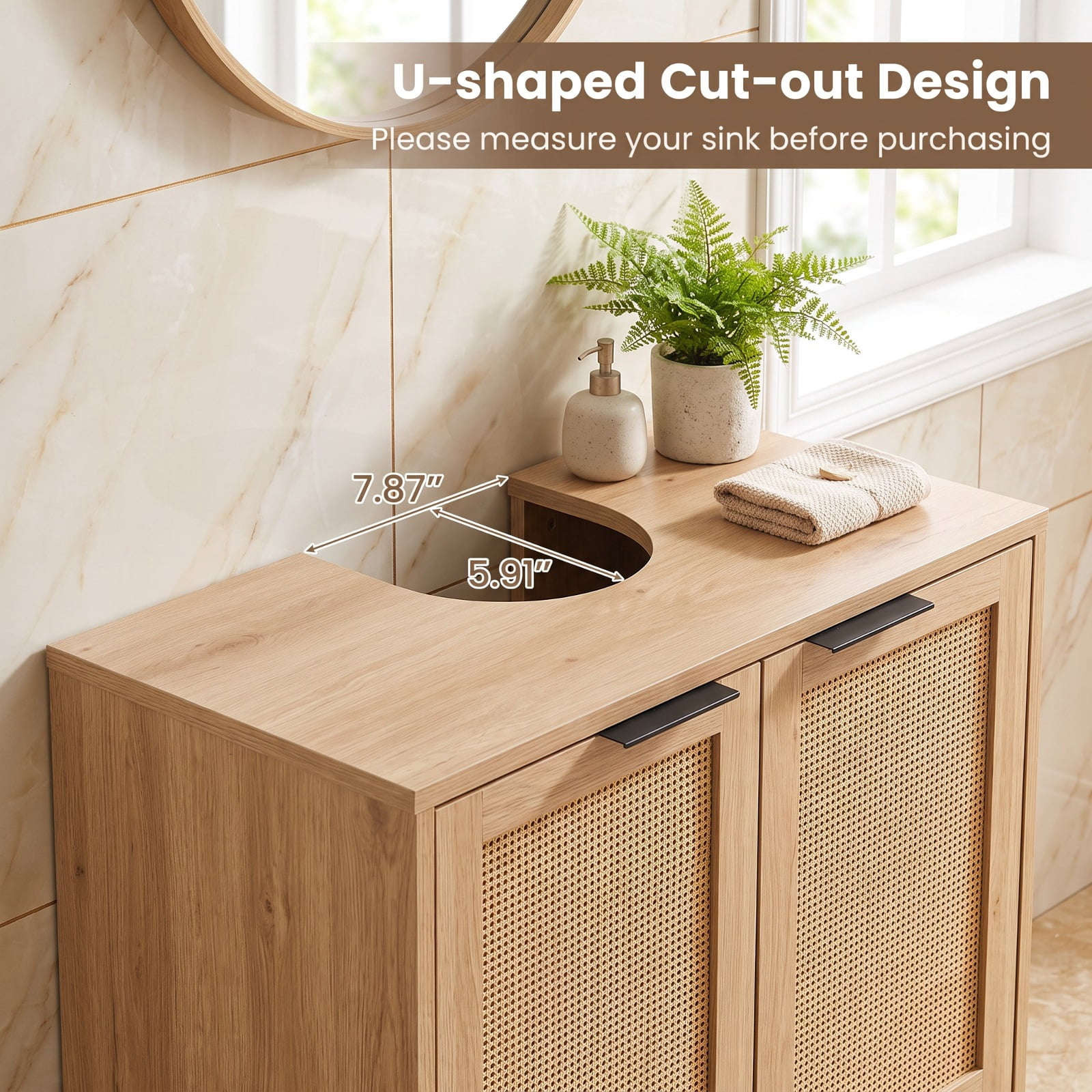 Vebreda Freestanding Bathroom Storage Cabinet, Bathroom Vanity Cabinet with U-Shaped Cut-Out 2 Rattan Doors and Shelf, Hidden Sink Organizer