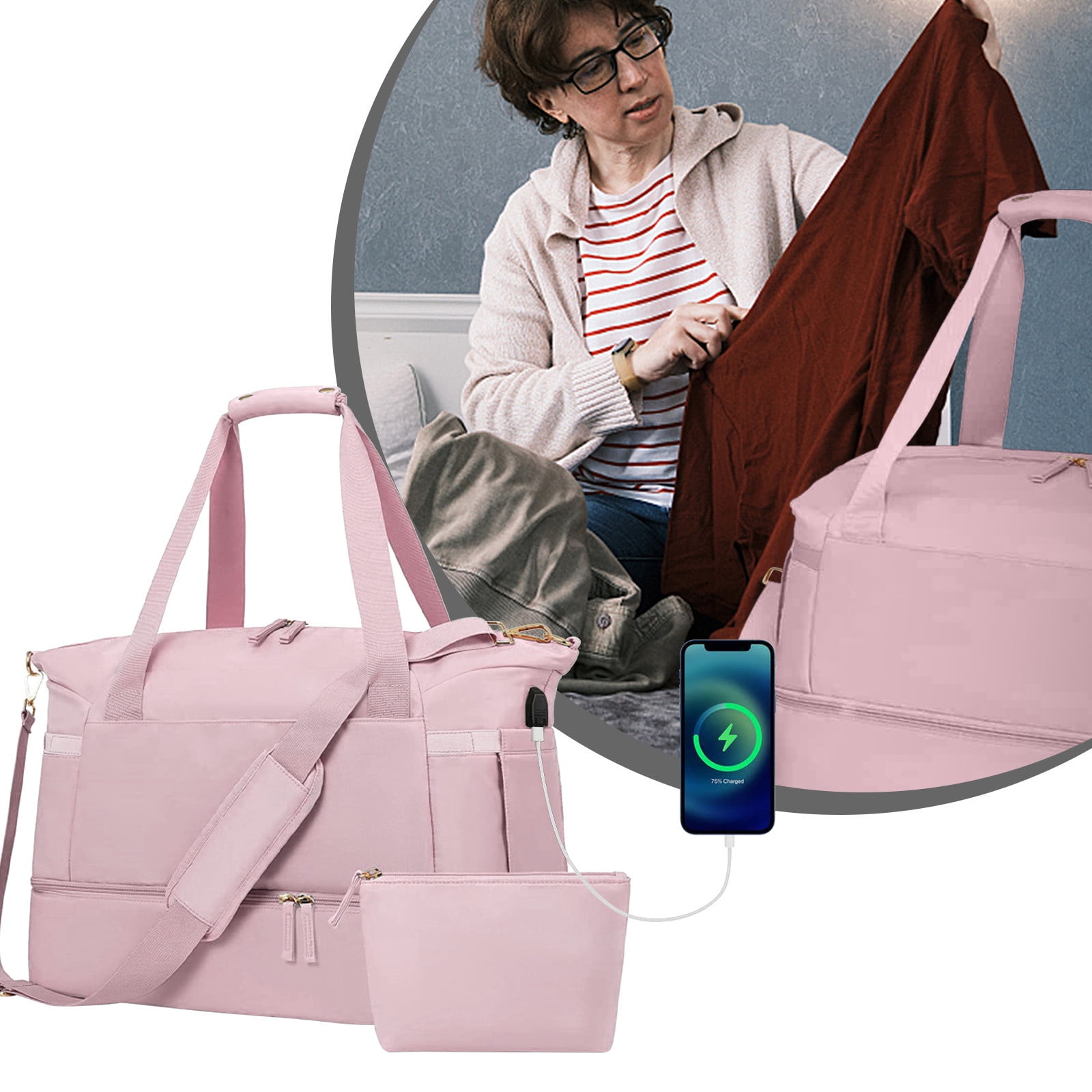LACKUST Women's Travel Duffel, Weekender Overnight, Gym Tote, Shoe & Wet Pocket, Carry On, USB Charging,Pink