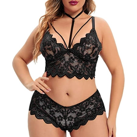 

YUEHAO underwear women Plus Size y Lingerie V Neck High Waist Floral Lace Criss Cross Bra And Panty 2 Piece Set No Underwire Black XXXXL