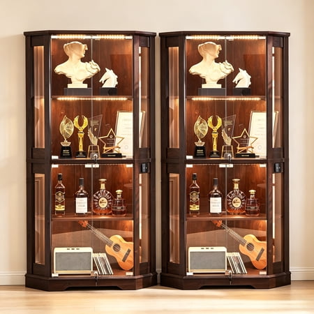 Buildhom Farmhouse Corner Display Cabinet Set of 2 with Glass Doors & 3-Color Motion Light Wine Rack & Collectible Storage Walnut