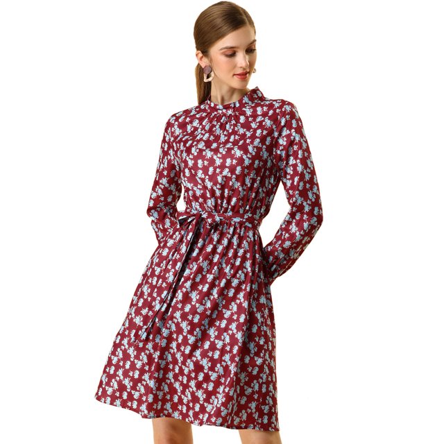 INSPIRE CHIC Robe à Manches Longues pour Femme, Florale, Évasée, à Nouer à la Taille, Col Smock