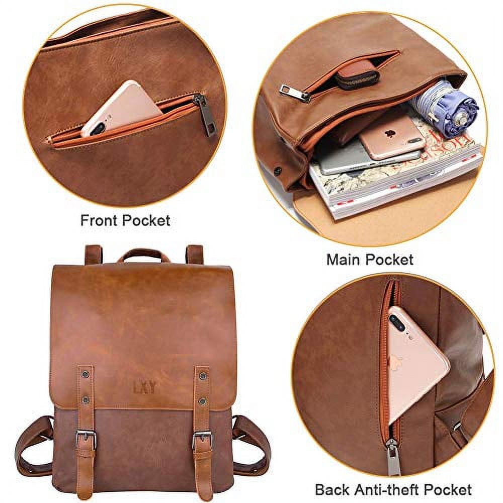 lxy vegan leather backpack vintage laptop bookbag for women men, brown faux leather backpack purse college school bookbag weekend travel daypack - image 3 of 3