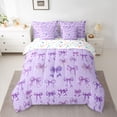 thumbnail image 2 of Feelyou Modern Cartoon Bow Bedding Comforter Set 7pcs, Fashion Princess Ribbon Queen Bedding Sets, Dreamy Purple Abstract Reversible Queen Sheet Sets, Luxury Bedroom Decor, 2 of 7