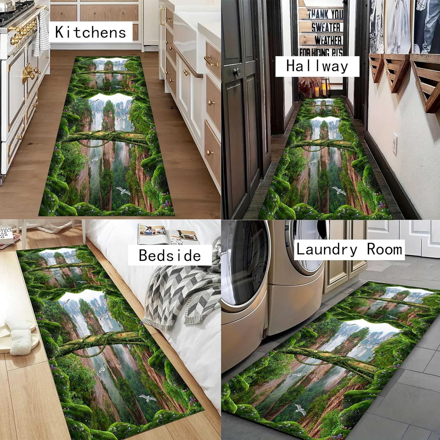 Optical Illusion Area Rug, 2x7ft, 3D Green Corridor Rugs with Prints Like Cliffs Flying Cranes and Green Plants, Exciting Abstract Decorative Carpet for Living Room Children's Bedroom Office
